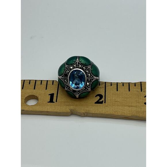 925 sterling silver enamel topaz Marcasite Ring size 6 - Picture 5 of 14